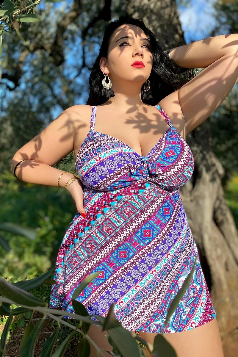 Technicolor Stylish Tie Front Underwire Swimdress 1 Technicolor Stylish Tie Front Underwire Swimdress