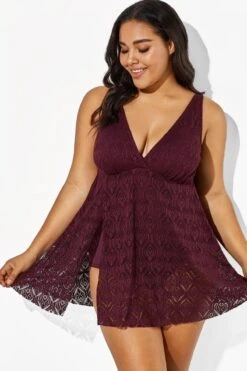 Wine Crochet Side Slit V-Neck Graceful Swimdress -Sandy Bikinis Shop b sfsd1911005 1 1