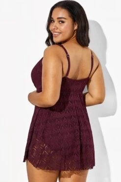 Wine Crochet Side Slit V-Neck Graceful Swimdress -Sandy Bikinis Shop b sfsd1911005 2 1