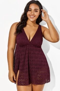 Wine Crochet Side Slit V-Neck Graceful Swimdress -Sandy Bikinis Shop b sfsd1911005 3 1