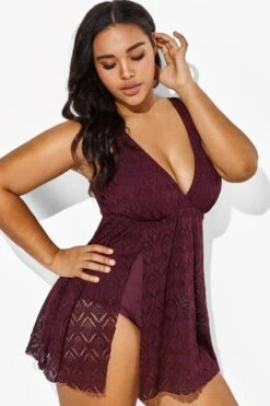 Wine Crochet Side Slit V-Neck Graceful Swimdress -Sandy Bikinis Shop b sfsd1911005 4 1