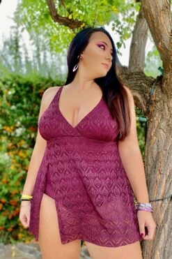 Wine Crochet Side Slit V-Neck Graceful Swimdress -Sandy Bikinis Shop b sfsd1911005 7 1