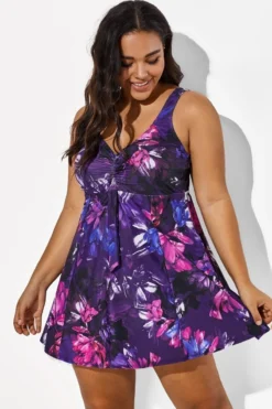 Multicolored Lotus Tie Front V-Neck Swimdress -Sandy Bikinis Shop b sfsd1911006 1