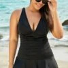 Black Shirred V Neck Elegant Lady Mini Swimdress