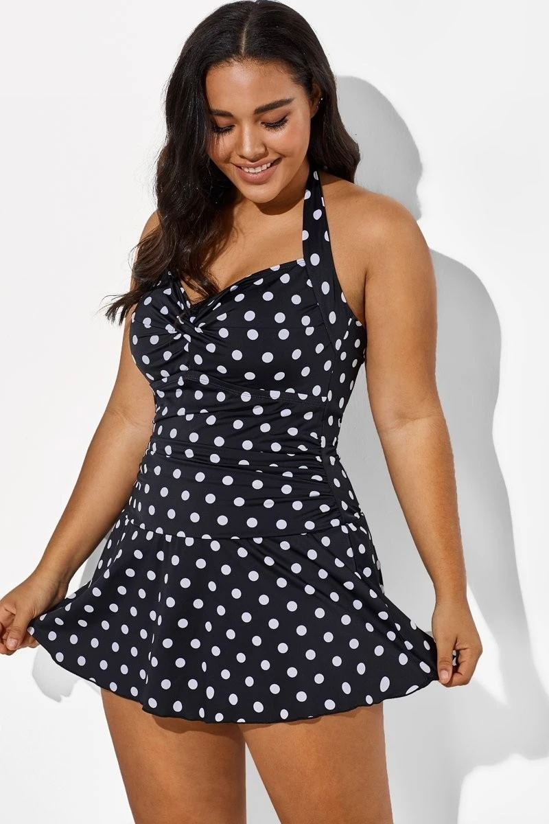 Black Halter Sweetheart Polka Dot Sexy Swimdress 1 Black Halter Sweetheart Polka Dot Sexy Swimdress
