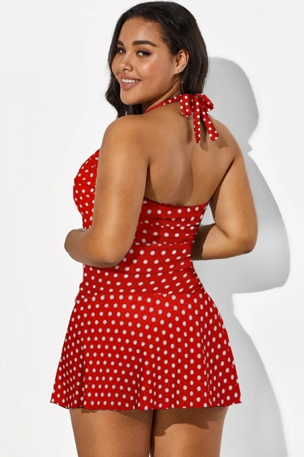 Red Halter Twist-front Polka Dot Swimdress 3 Red Halter Twist-front Polka Dot Swimdress - Image 3