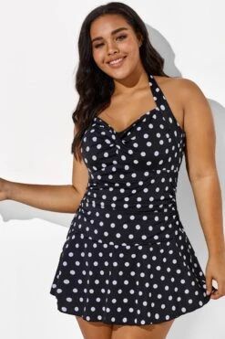 Black Halter Sweetheart Polka Dot Sexy Swimdress 9 Black Halter Sweetheart Polka Dot Sexy Swimdress -Sandy Bikinis Shop b sfsd1911031 4