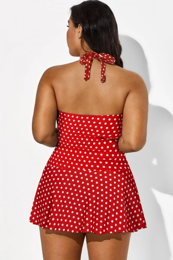 Red Halter Twist-front Polka Dot Swimdress 2 Red Halter Twist-front Polka Dot Swimdress - Image 2