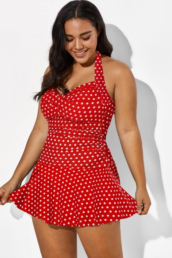 Red Halter Twist-front Polka Dot Swimdress 1 Red Halter Twist-front Polka Dot Swimdress
