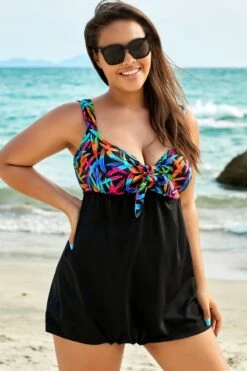 Fashionable Tie Front V-Neck Tummy Control Swimdress