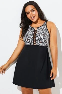Black Leopard Print Sexy Side Lace Up Swimdress