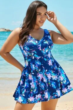 Blue V-neck Elegant Flower Swimdress For Lady -Sandy Bikinis Shop b sfsd1911047 4