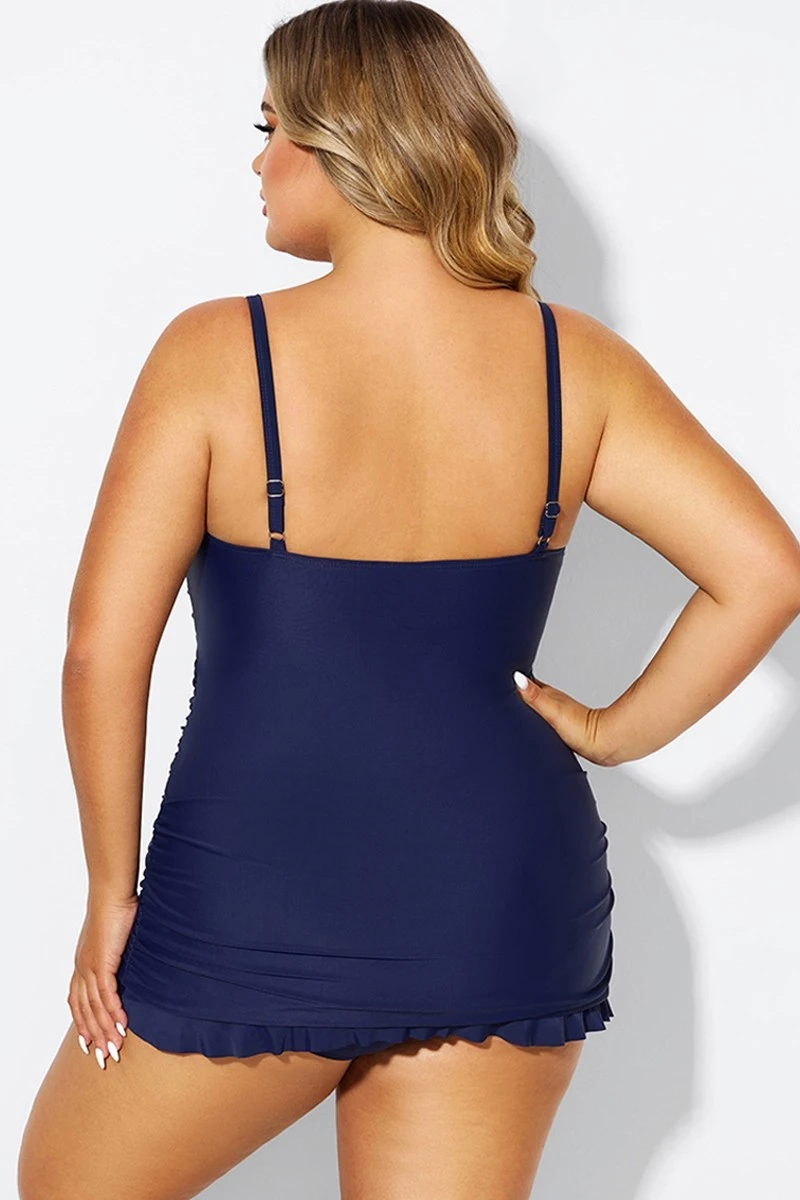 Dark Blue Twist Front Sweetheart Neckline Ruffle Swimdress 2 Dark Blue Twist Front Sweetheart Neckline Ruffle Swimdress - Image 2