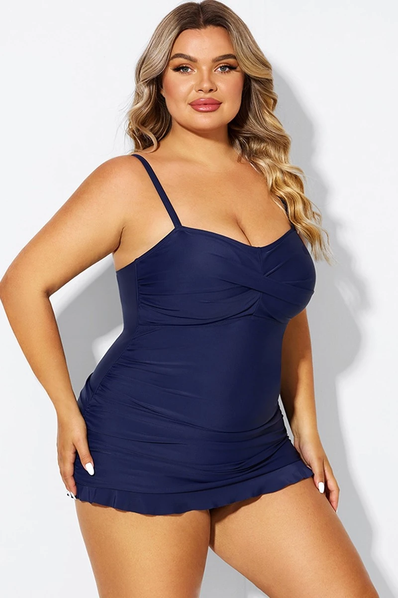Dark Blue Twist Front Sweetheart Neckline Ruffle Swimdress 5 Dark Blue Twist Front Sweetheart Neckline Ruffle Swimdress - Image 5