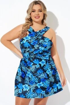 Blue Floral Printed High Neck Wrap Swimdress -Sandy Bikinis Shop b sfsd2003011 11