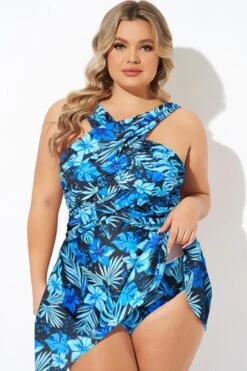 Blue Floral Printed High Neck Wrap Swimdress -Sandy Bikinis Shop b sfsd2003011 44