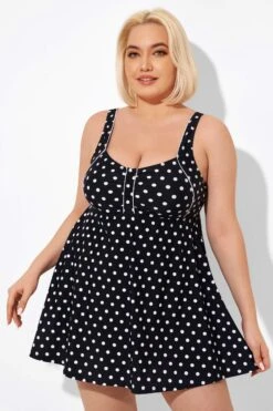 Black Dot Retro Round Neck Wide Strap Swimdress -Sandy Bikinis Shop b sfsd2003039 5