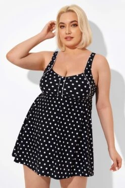 Black Dot Retro Round Neck Wide Strap Swimdress -Sandy Bikinis Shop b sfsd2003039 6