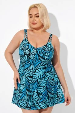 Blue Leaves Printed V-neck Women Swimdress