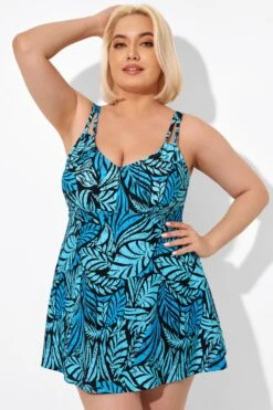 Blue Leaves Printed V-neck Women Swimdress -Sandy Bikinis Shop b sfsd2003046 4