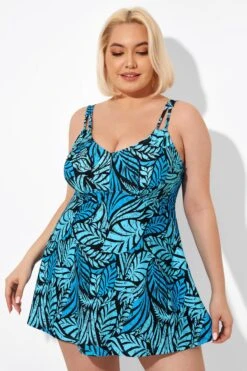 Blue Leaves Printed V-neck Women Swimdress -Sandy Bikinis Shop b sfsd2003046 6