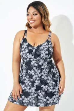 Black Floral Printed Double Strap Women Swimdress -Sandy Bikinis Shop b sfsd2003068 4