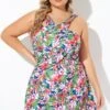 Tropic Pattern High Neck Wrap Front Swimdress