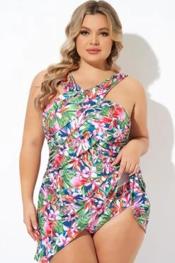 Tropic Pattern High Neck Wrap Front Swimdress -Sandy Bikinis Shop b sfsd2003147 3