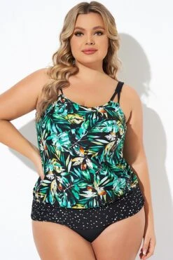 Green Leaf Adjustable Straps Blouson Tankini Top -Sandy Bikinis Shop b sftan010006 3