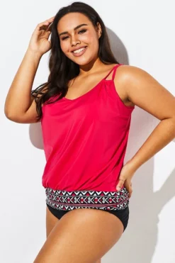 Women Red Loop Strap Blouson Tankini Top -Sandy Bikinis Shop b sftan1911017 4