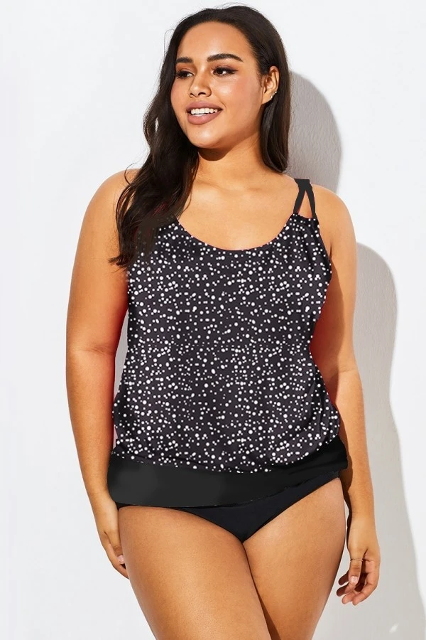 Black White Dot Loop Strap Blouson Tankini Top 1 Black White Dot Loop Strap Blouson Tankini Top