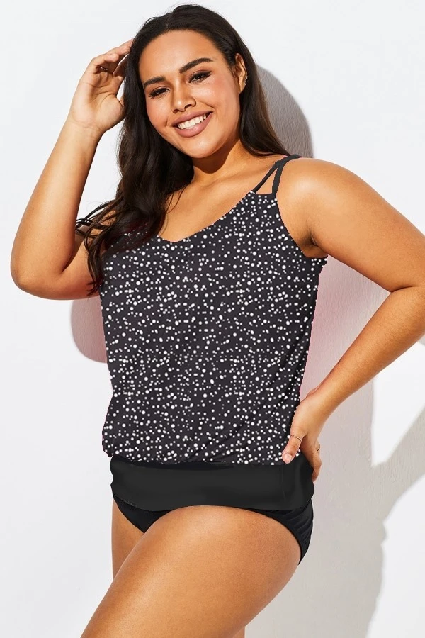 Black White Dot Loop Strap Blouson Tankini Top 4 Black White Dot Loop Strap Blouson Tankini Top - Image 4