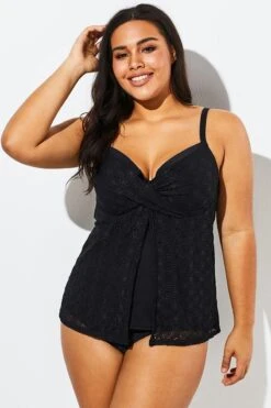 Black Faux Flyaway Flowy Twist Front Tankini Set