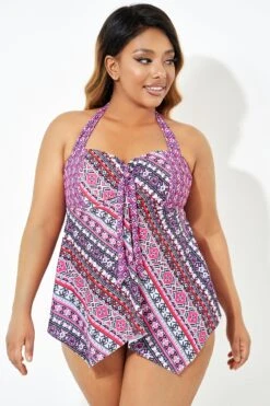 Boho Print Bow Handkerchief Halter Tankini Top