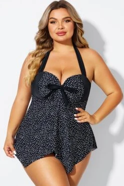 White Dots Bow Handkerchief Halter Tankini Top
