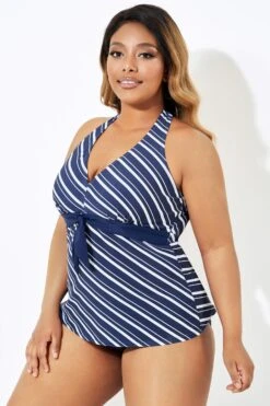 Blue & White Stripe Self-tie Halter Straps Tankini Top -Sandy Bikinis Shop b sftan1911180 3