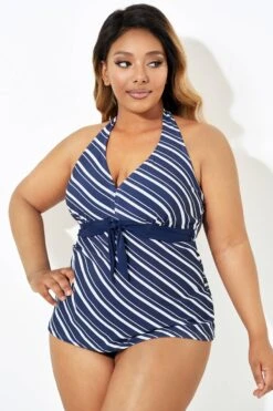 Blue & White Stripe Self-tie Halter Straps Tankini Top -Sandy Bikinis Shop b sftan1911180 4