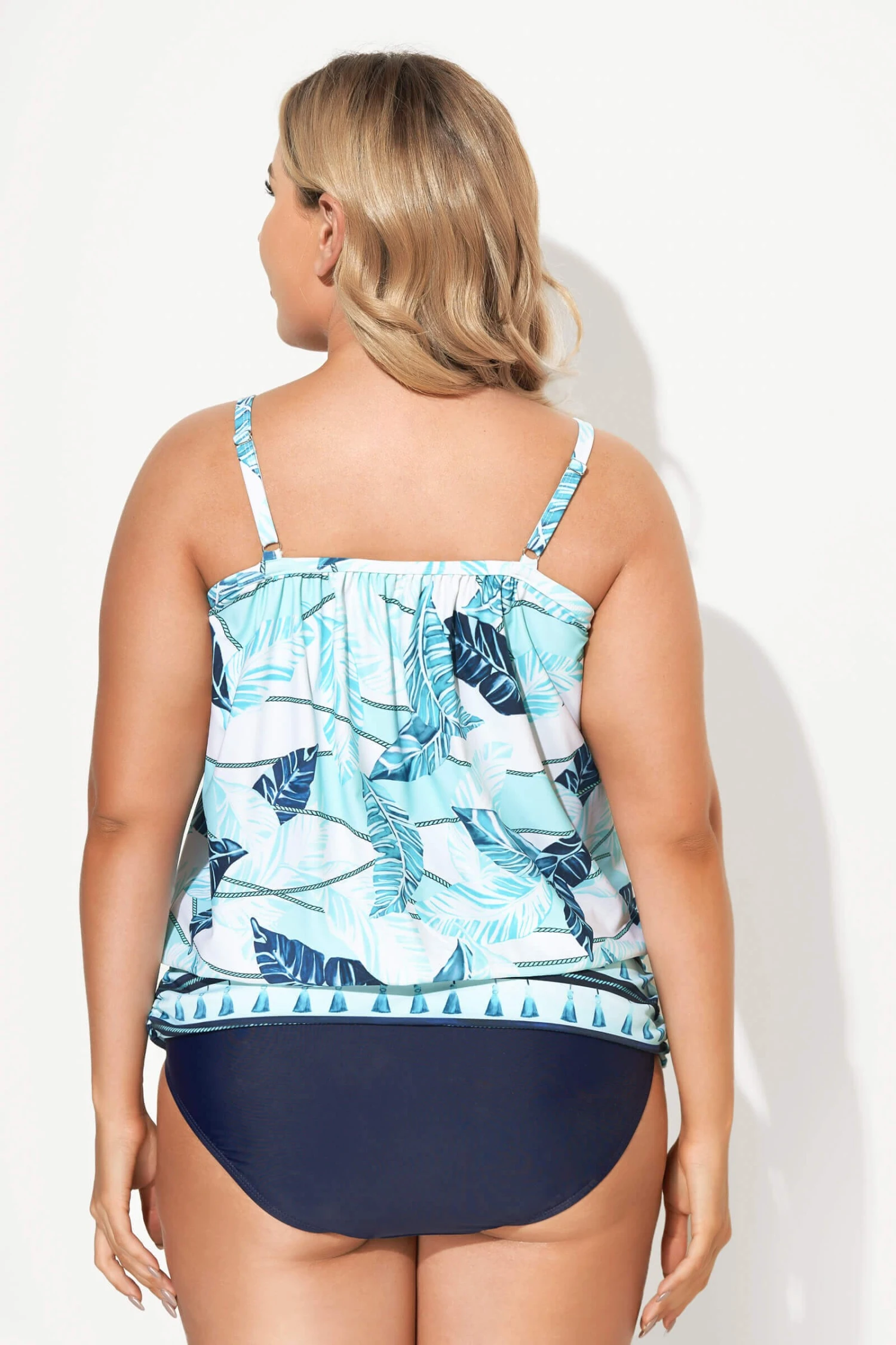 Scoopneck Leaf Print Ropes Blouson Tankini Top 3 Scoopneck Leaf Print Ropes Blouson Tankini Top - Image 3