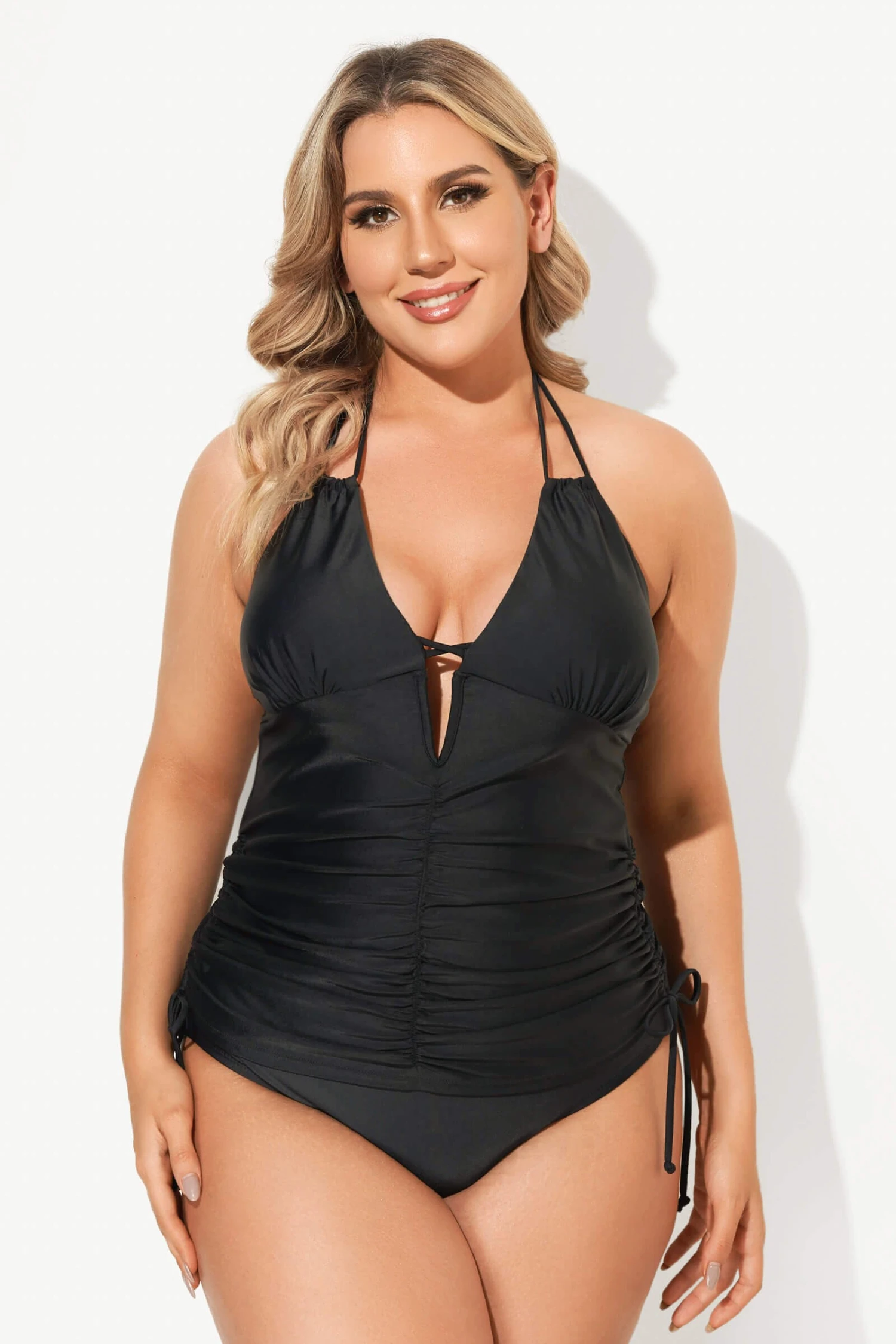 Black Deep V-Neck Self-Tie Plunge Tankini Set 1 Black Deep V-Neck Self-Tie Plunge Tankini Set