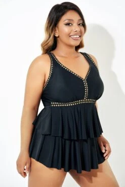 Black Gold Trim V-Neck Ruffle Tankini Top -Sandy Bikinis Shop b sftan2003165 3