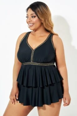 Black Gold Trim V-Neck Ruffle Tankini Top -Sandy Bikinis Shop b sftan2003165 4