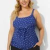 Blue Scoopneck Adjustable Straps Purple Dot Tankini Top
