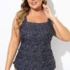 Black Wide Straps Tie-back White Speckle Tankini Top