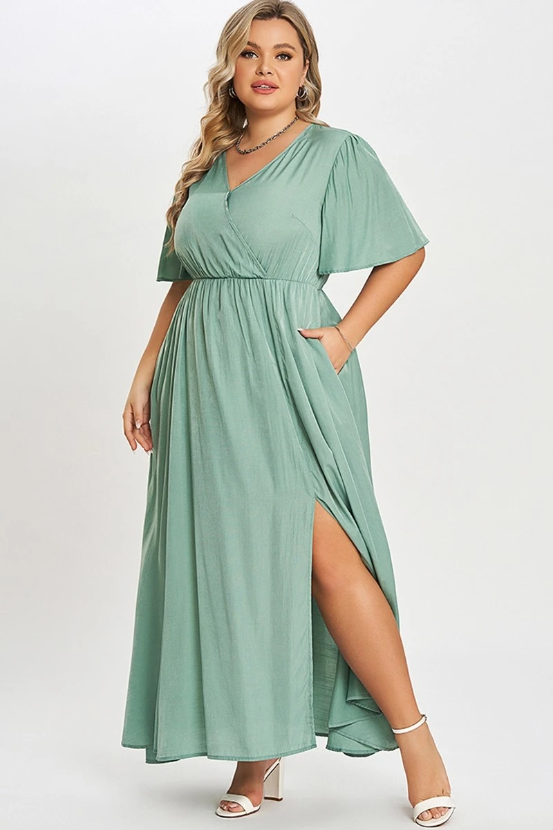 Green Flutter Sleeve Pocket Split Women Maxi Dress 3 Green Flutter Sleeve Pocket Split Women Maxi Dress - Image 3