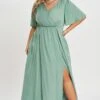 Green Flutter Sleeve Pocket Split Women Maxi Dress