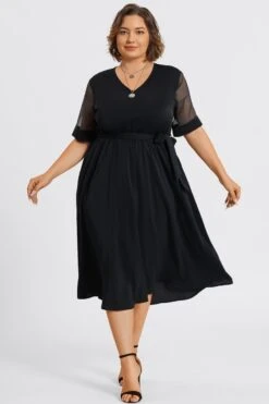 Solid V-Neck Mesh Patchwork Pocket Belted Maxi Dress