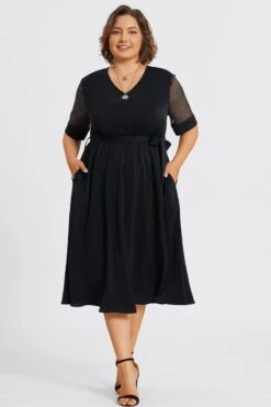 Solid V-Neck Mesh Patchwork Pocket Belted Maxi Dress -Sandy Bikinis Shop c sd001005 3