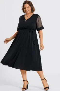 Solid V-Neck Mesh Patchwork Pocket Belted Maxi Dress -Sandy Bikinis Shop c sd001005 4