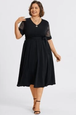 Solid V-Neck Mesh Patchwork Pocket Belted Maxi Dress -Sandy Bikinis Shop c sd001005 5