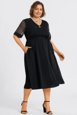 Solid V-Neck Mesh Patchwork Pocket Belted Maxi Dress -Sandy Bikinis Shop c sd001005 6